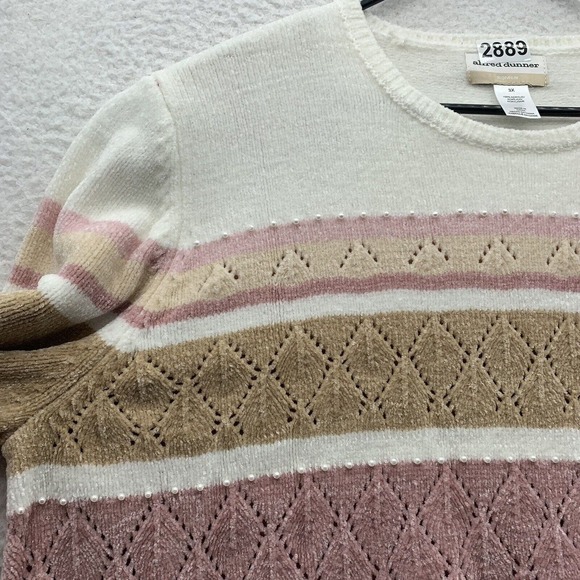 Alfred Dunner Sweater Womens 3XL Chenille Pink‎ White Striped Beaded Cute Soft - Picture 4 of 13